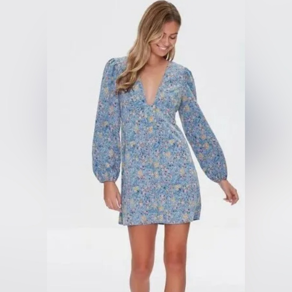 forever 21 Floral Print Mini Dress  Light Blue Jr XS